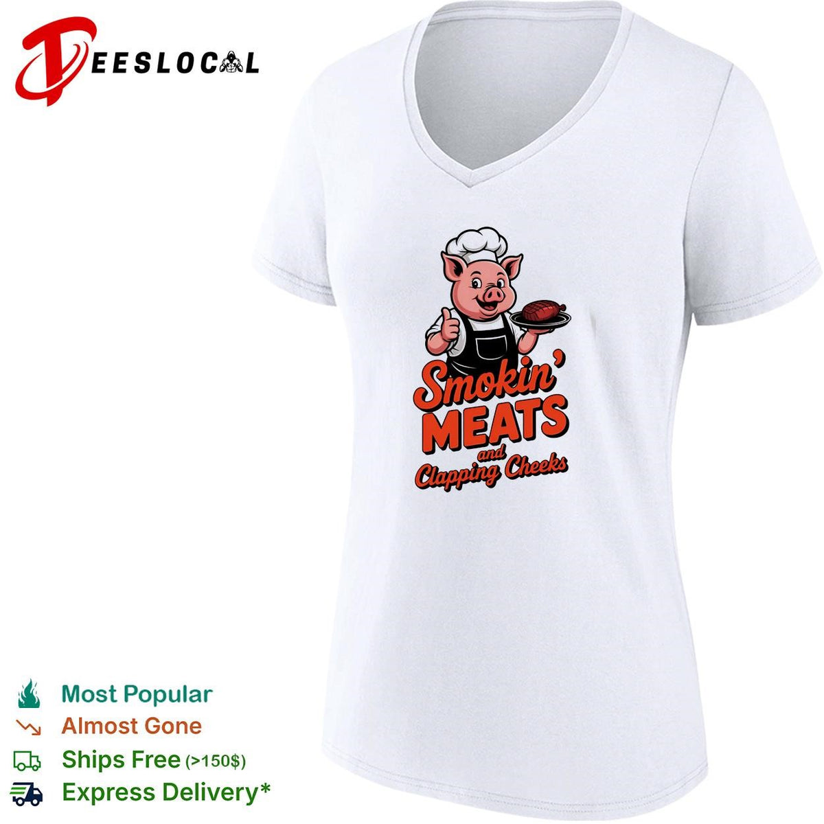 Smokin meats and clapping cheeks pig chef BBQ stacked text logo graphic shirt