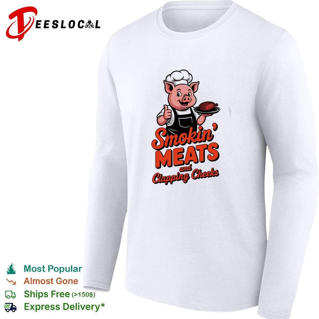 Smokin meats and clapping cheeks pig chef BBQ stacked text logo graphic shirt