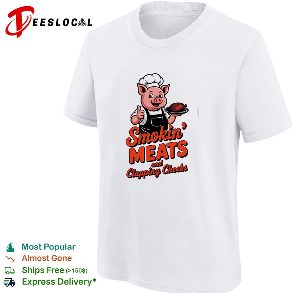 Smokin meats and clapping cheeks pig chef BBQ stacked text logo graphic shirt