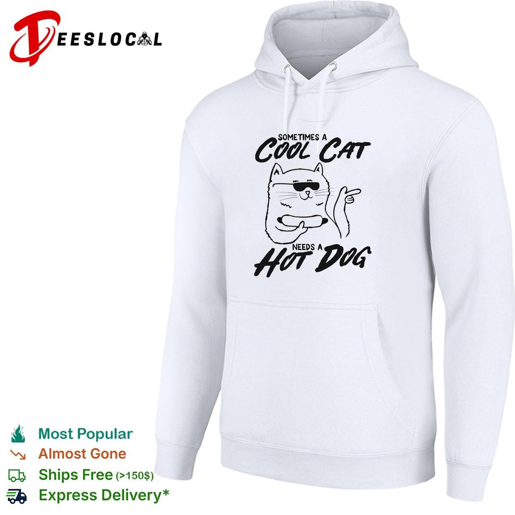Sometimes a cool cat needs a hot dog sunglasses food humor white shirt