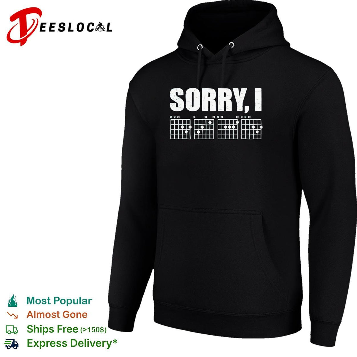 Sorry I distressed bold lettering with guitar chord diagrams band graphic shirt