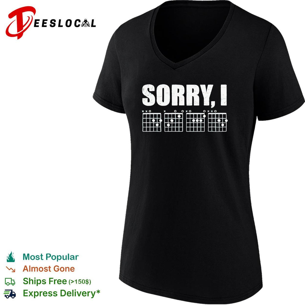 Sorry I distressed bold lettering with guitar chord diagrams band graphic shirt