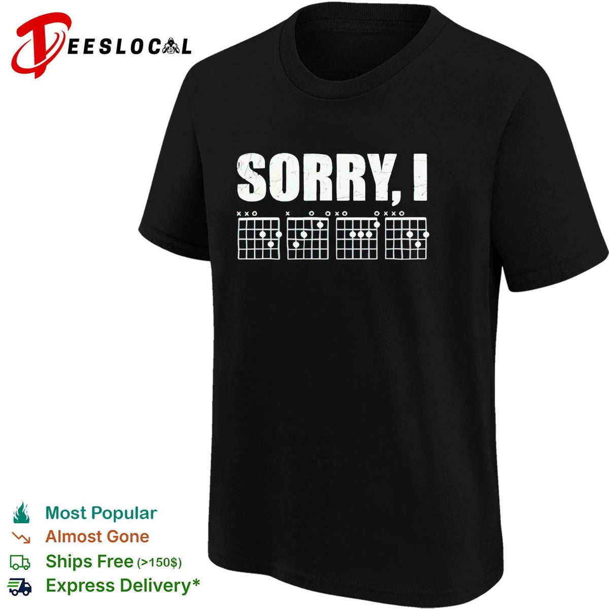 Sorry I distressed bold lettering with guitar chord diagrams band graphic shirt
