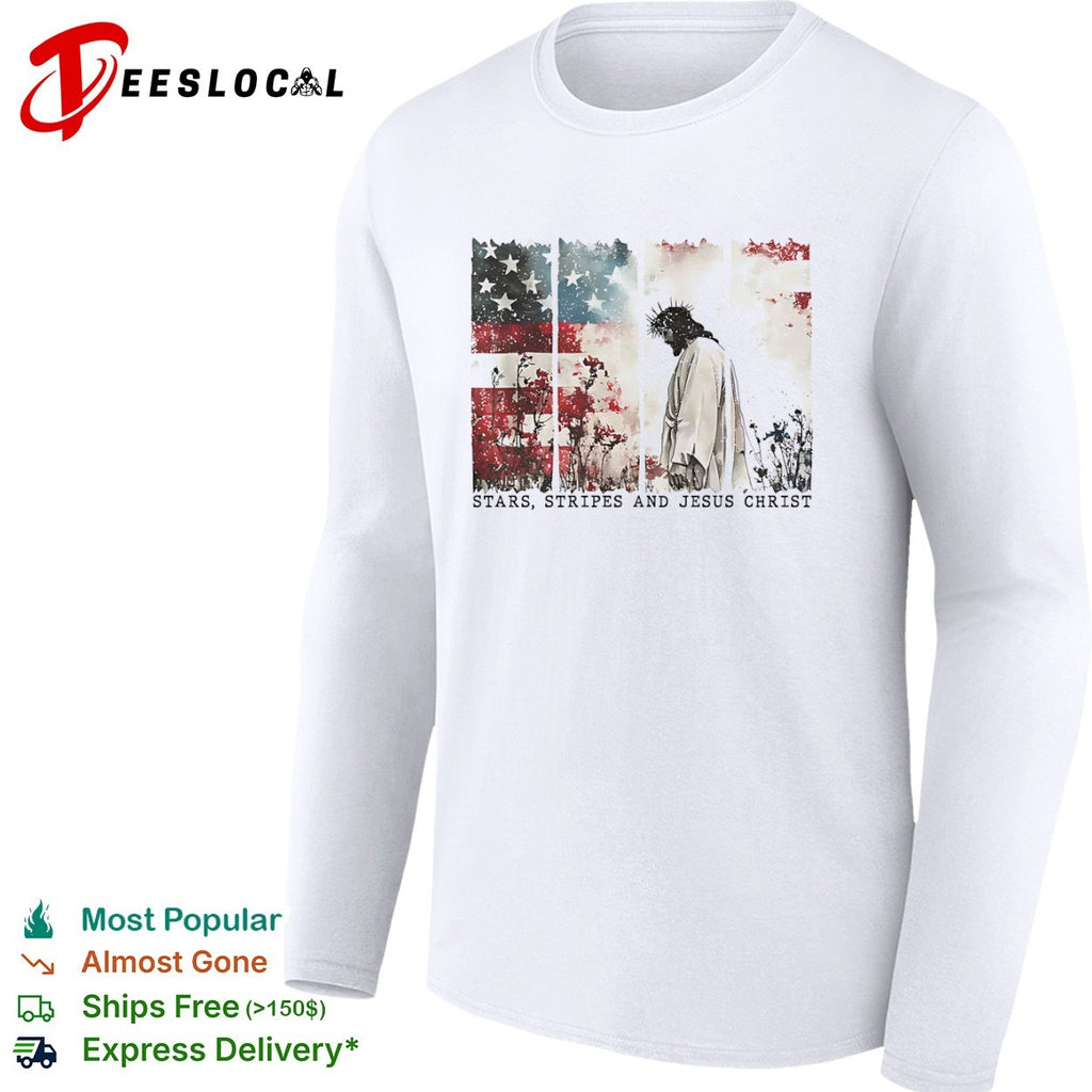 Stars Stripes and Jesus Christ American Flag Floral Christian Religious shirt