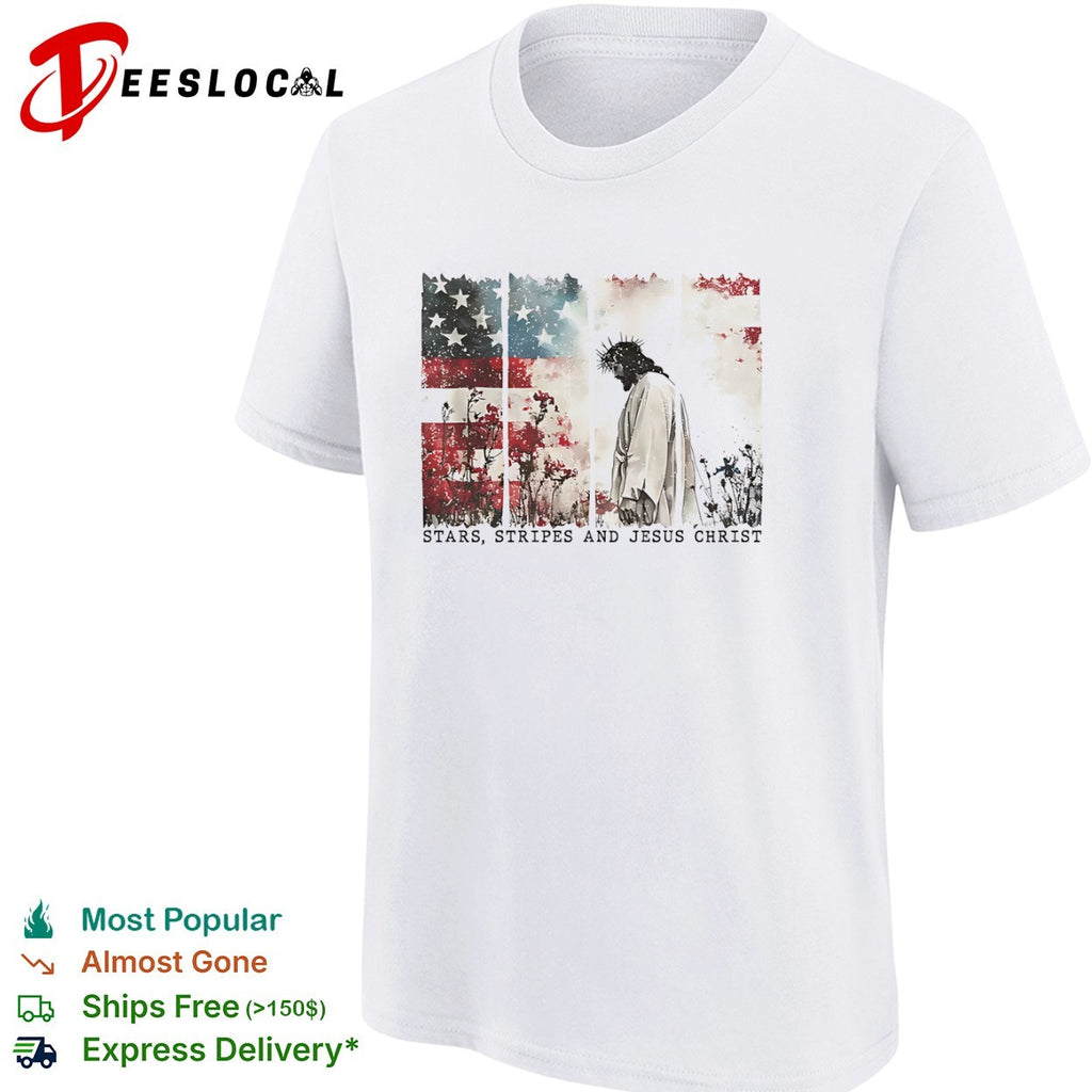 Stars Stripes and Jesus Christ American Flag Floral Christian Religious shirt