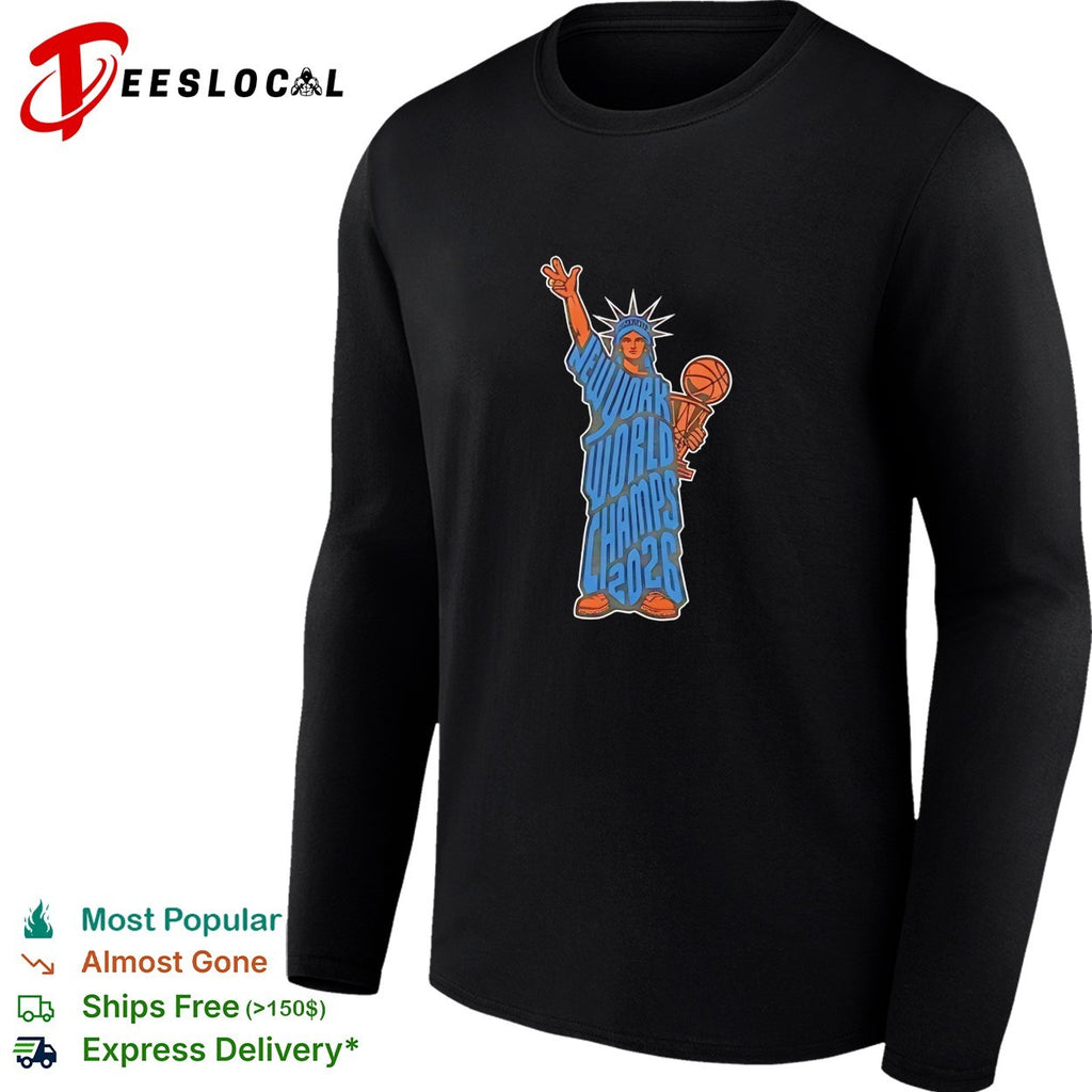 Statue of Liberty New York World Champs 2026 basketball trophy bold illustration shirt