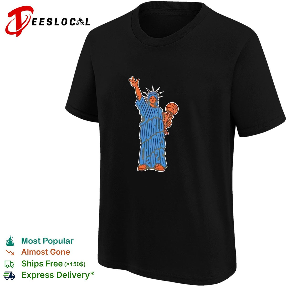 Statue of Liberty New York World Champs 2026 basketball trophy bold illustration shirt