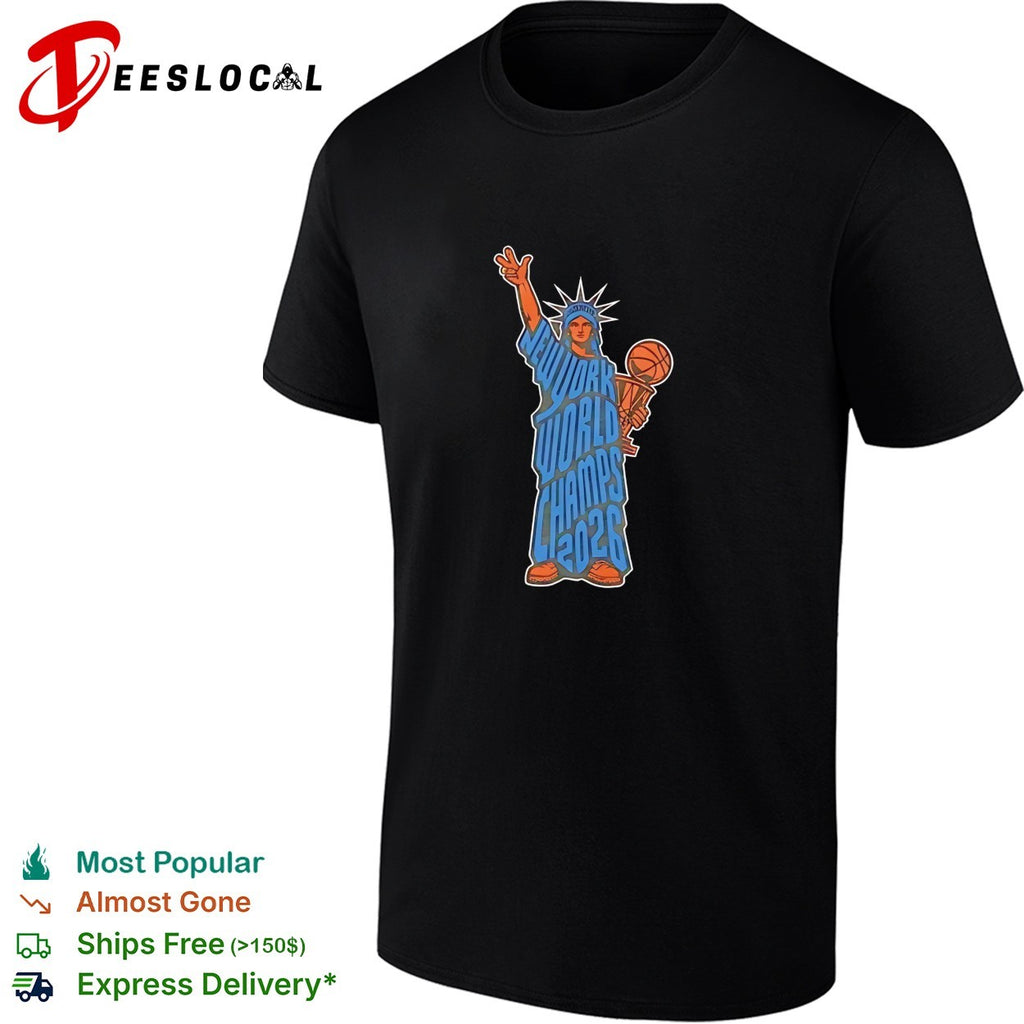 Statue of Liberty New York World Champs 2026 basketball trophy bold illustration shirt