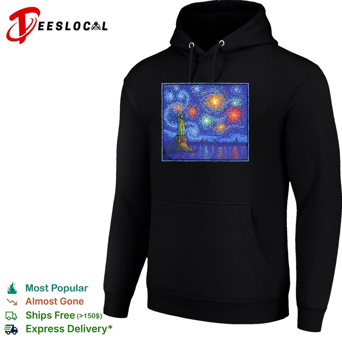 Statue of Liberty Starry Night Van Gogh style fireworks NYC skyline art shirt
