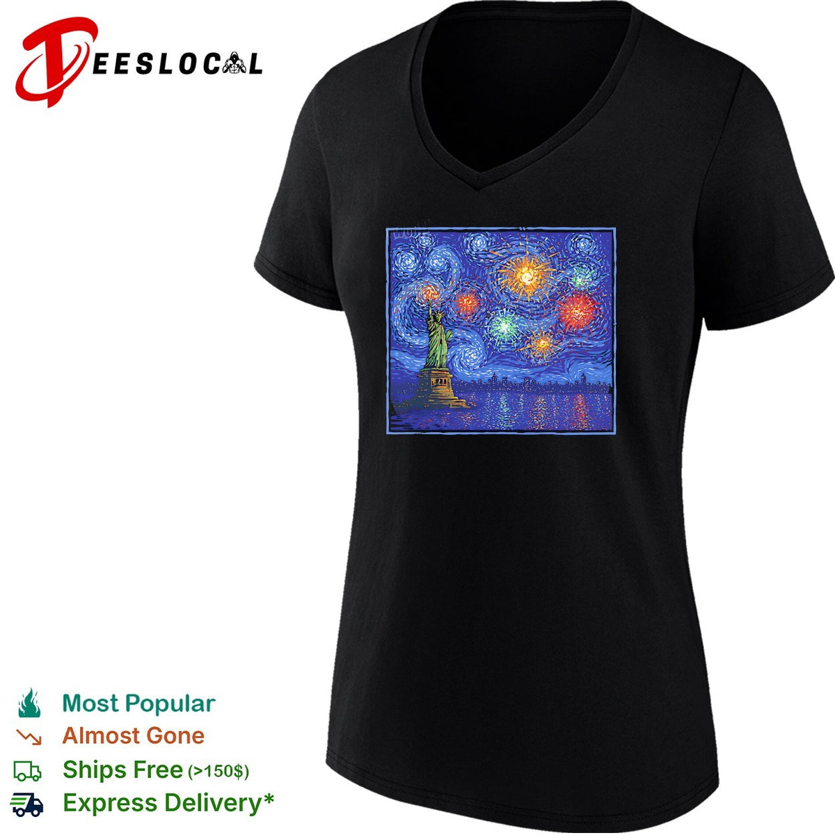 Statue of Liberty Starry Night Van Gogh style fireworks NYC skyline art shirt