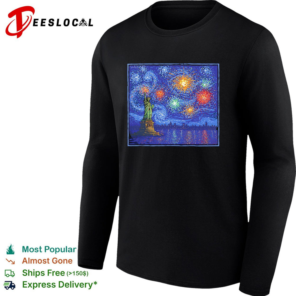 Statue of Liberty Starry Night Van Gogh style fireworks NYC skyline art shirt