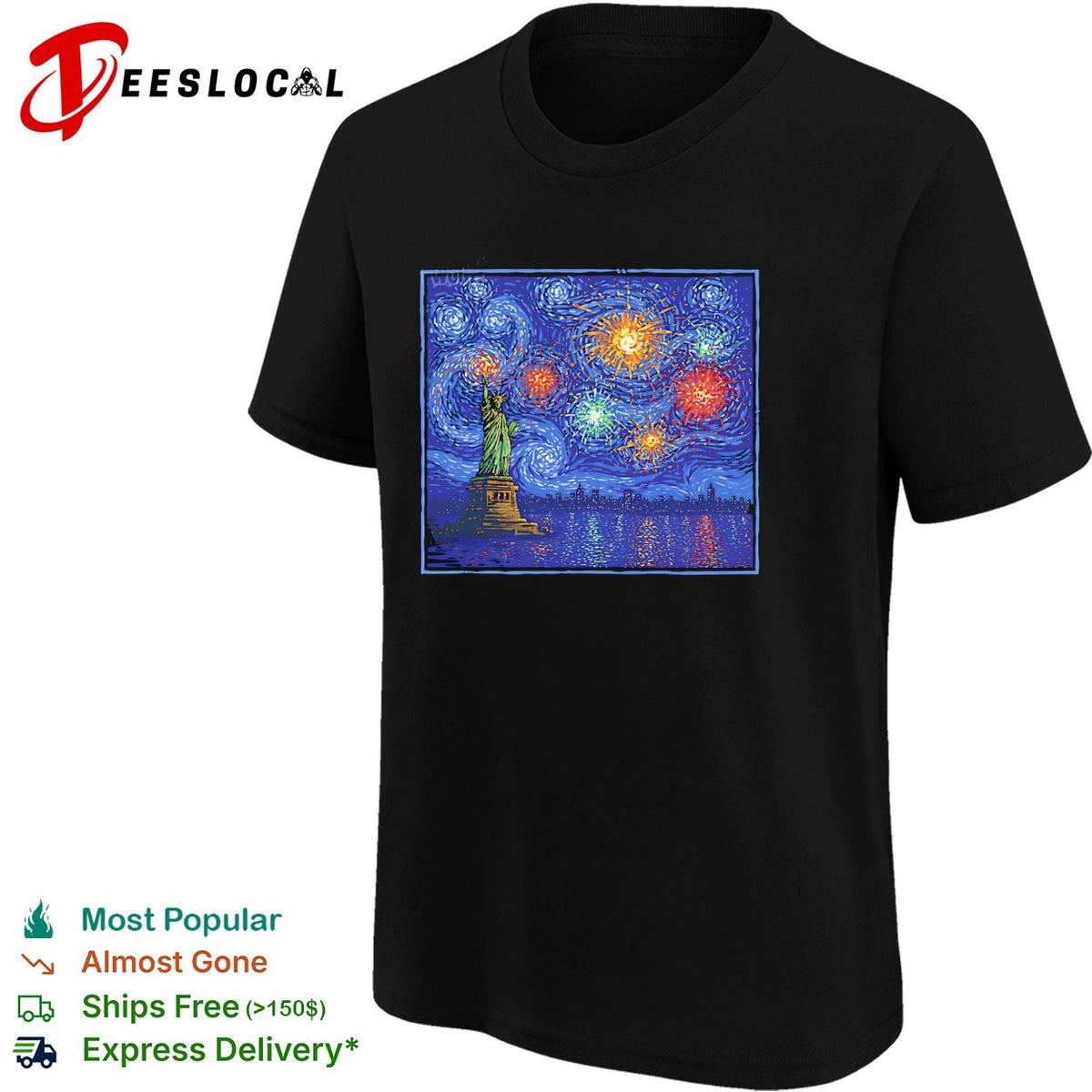 Statue of Liberty Starry Night Van Gogh style fireworks NYC skyline art shirt