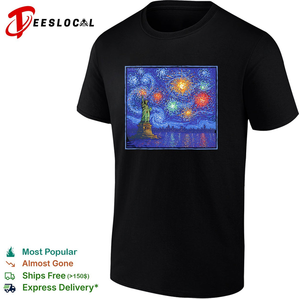 Statue of Liberty Starry Night Van Gogh style fireworks NYC skyline art shirt