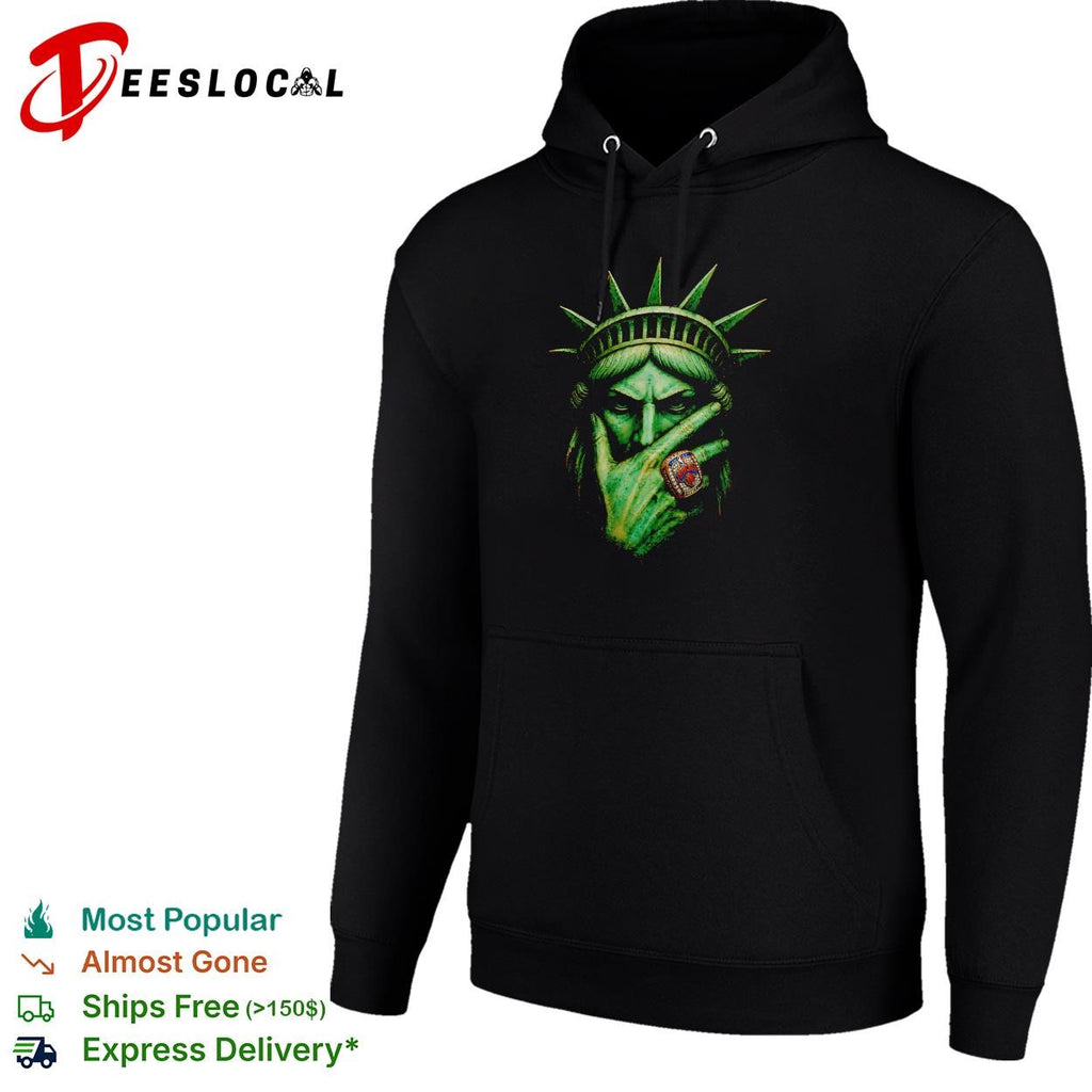 Statue of Liberty wearing championship ring dark gold portrait graphic shirt