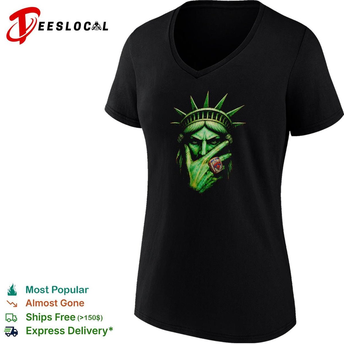 Statue of Liberty wearing championship ring dark gold portrait graphic shirt