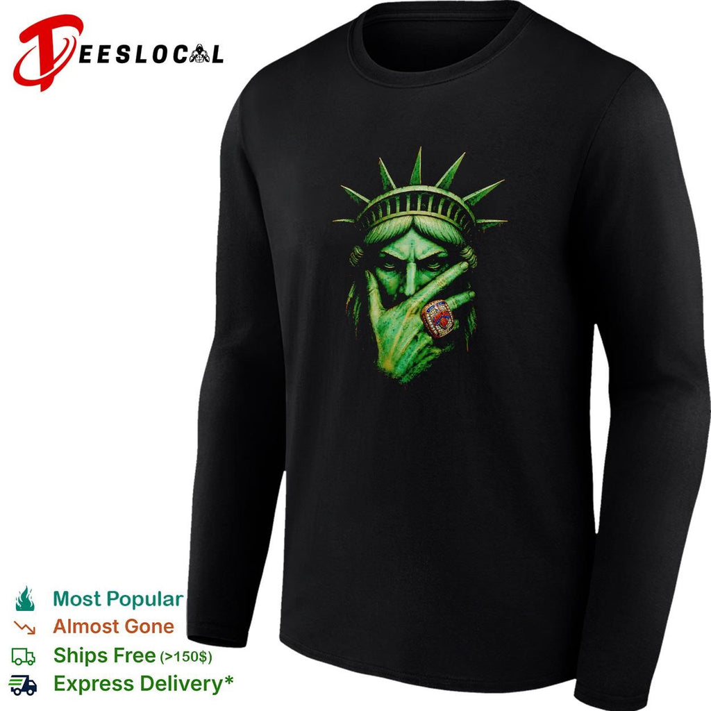Statue of Liberty wearing championship ring dark gold portrait graphic shirt