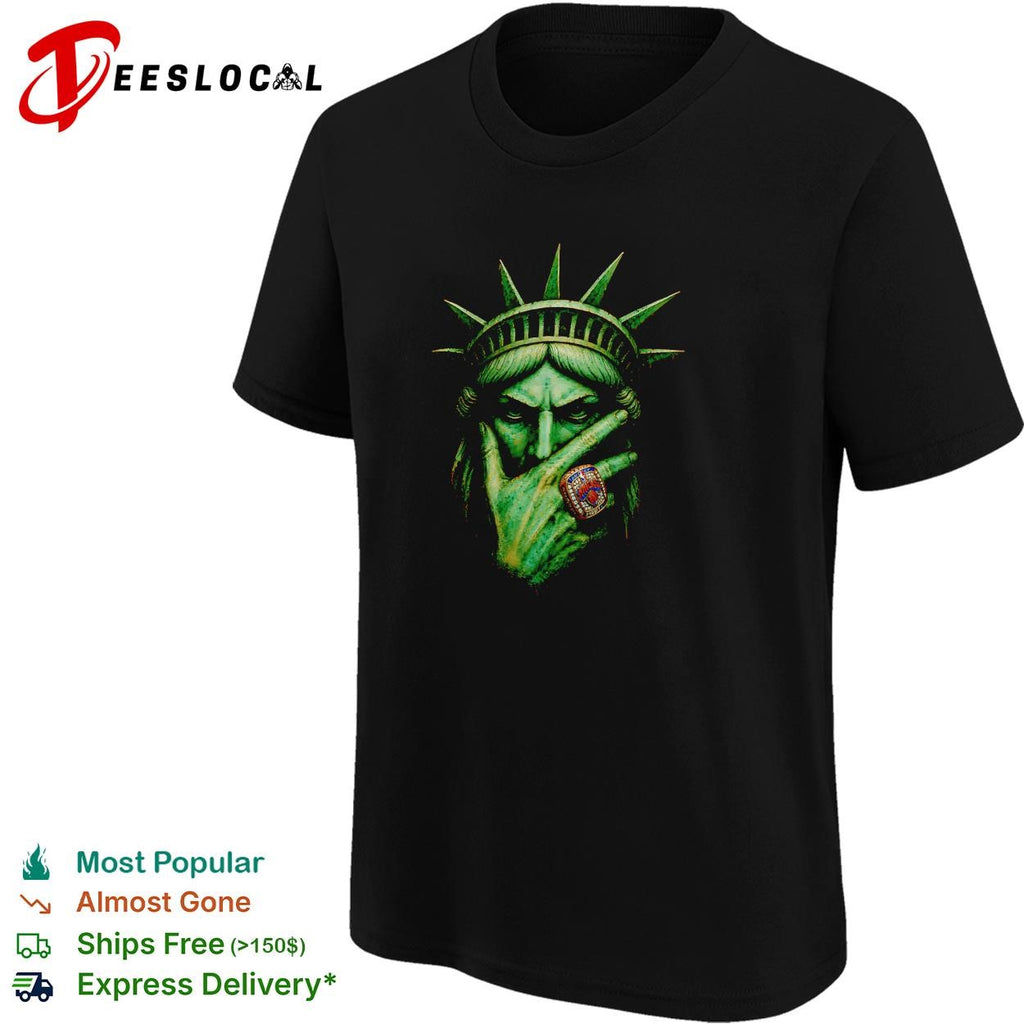 Statue of Liberty wearing championship ring dark gold portrait graphic shirt