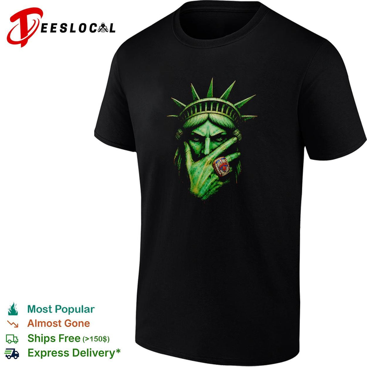 Statue of Liberty wearing championship ring dark gold portrait graphic shirt