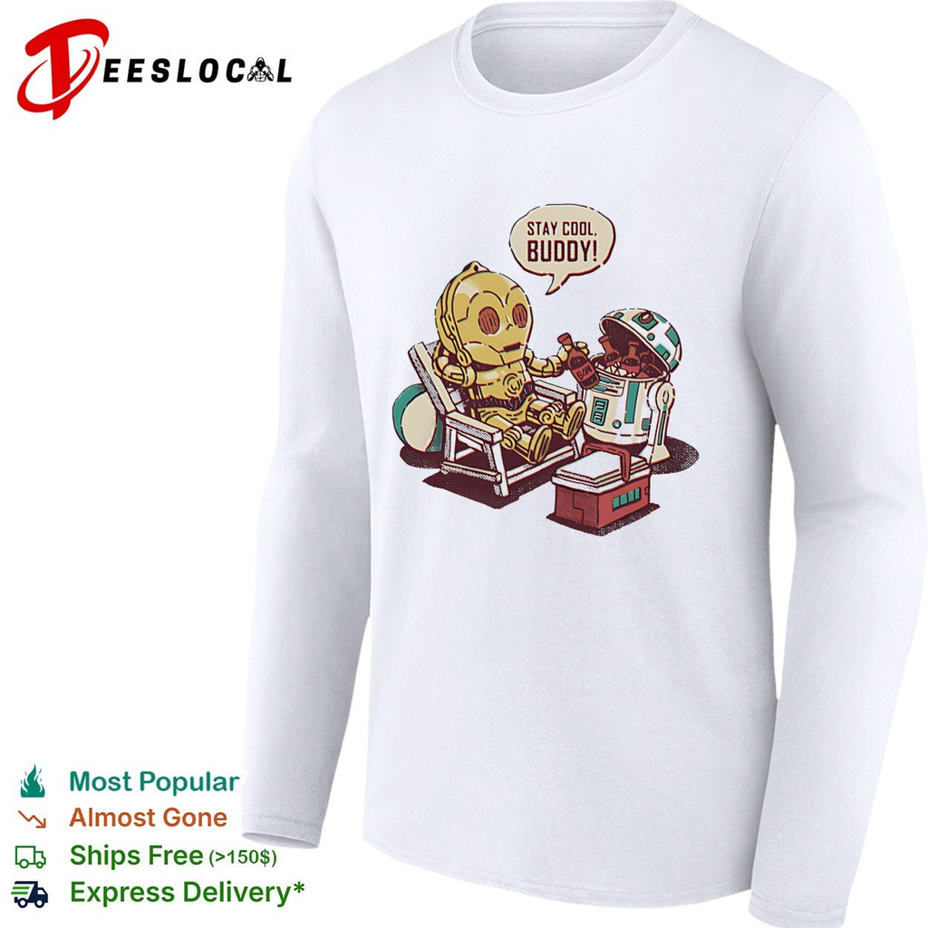 Stay cool buddy two robots relaxing beach chair cartoon sci-fi humor shirt