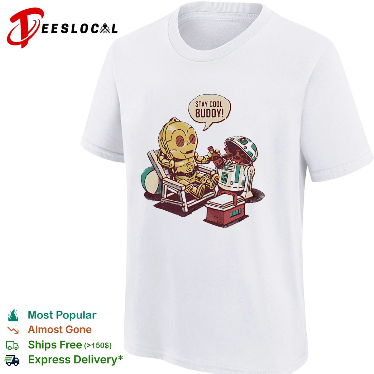 Stay cool buddy two robots relaxing beach chair cartoon sci-fi humor shirt