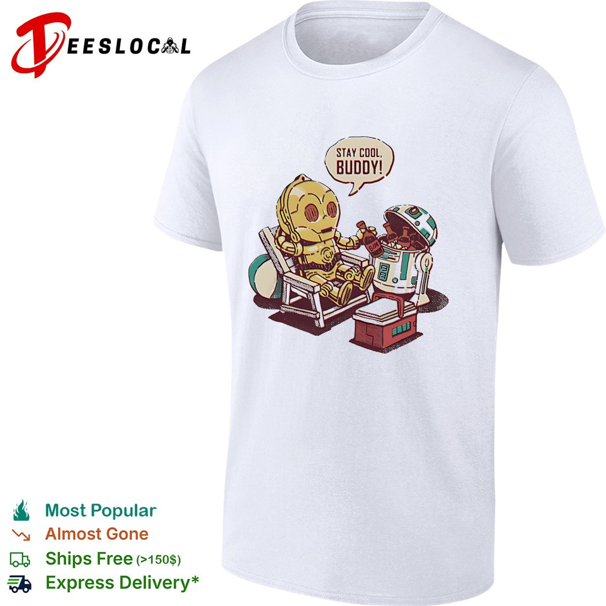 Stay cool buddy two robots relaxing beach chair cartoon sci-fi humor shirt