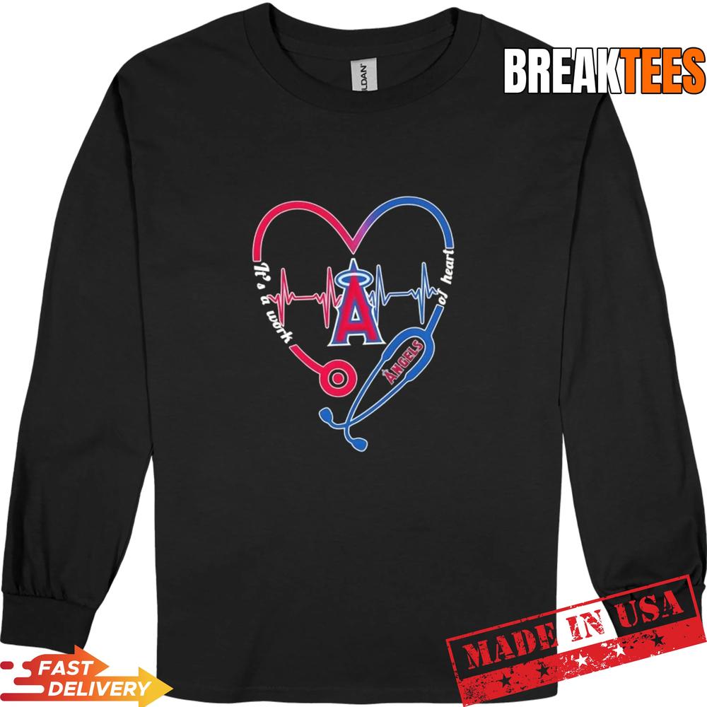 Stethoscope Heart Heartbeat It’s A Work Of Heart Los Angeles Angels Baseball Logo T-Shirt