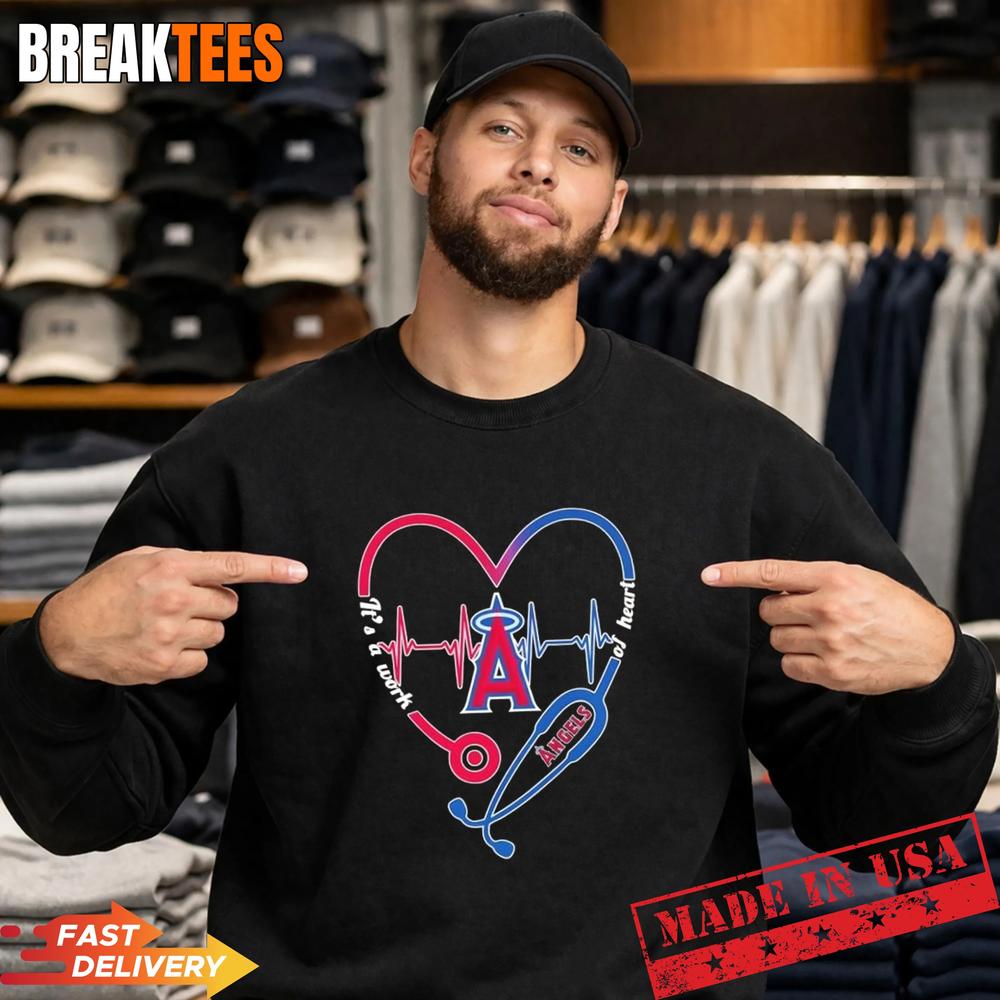 Stethoscope Heart Heartbeat It’s A Work Of Heart Los Angeles Angels Baseball Logo T-Shirt