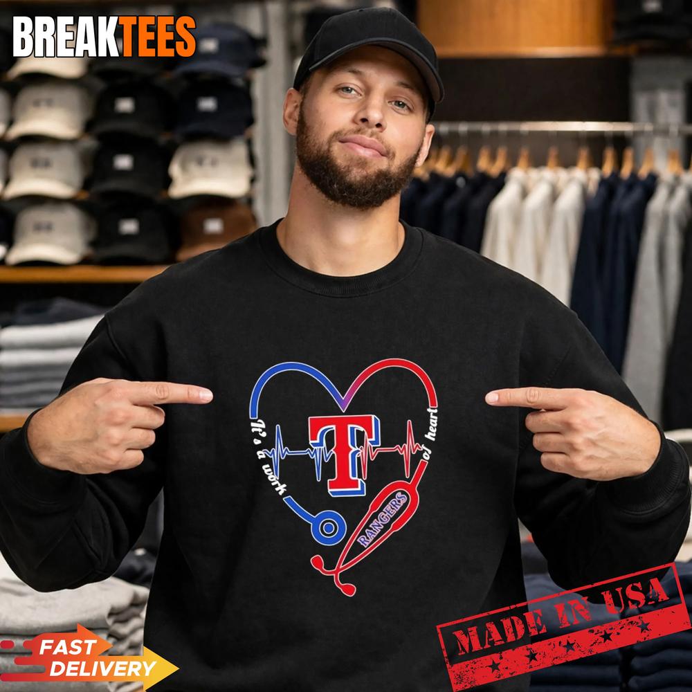 Stethoscope Heart Heartbeat It’s A Work Of Heart Texas Rangers Baseball Logo T-Shirt