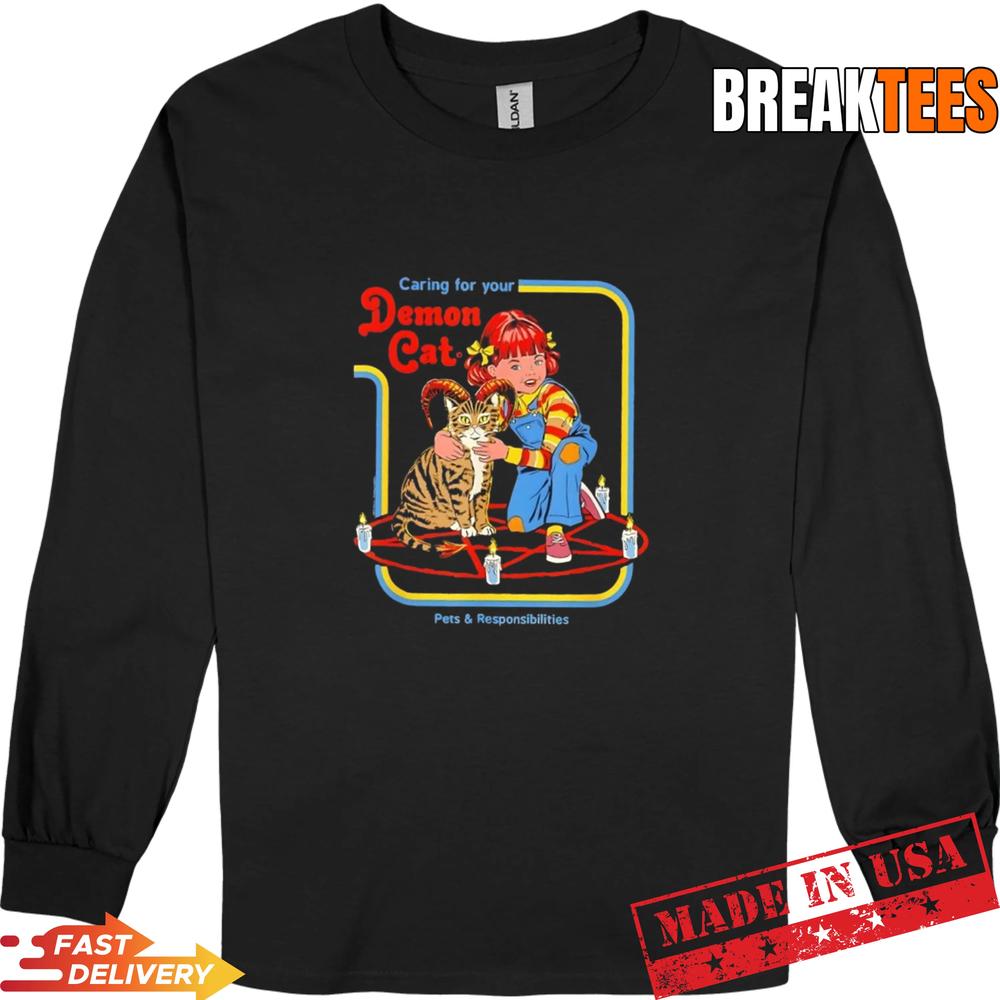Steven Rhodes Caring for Your Demon Cat Retro Dark Humor Cartoon T-Shirt
