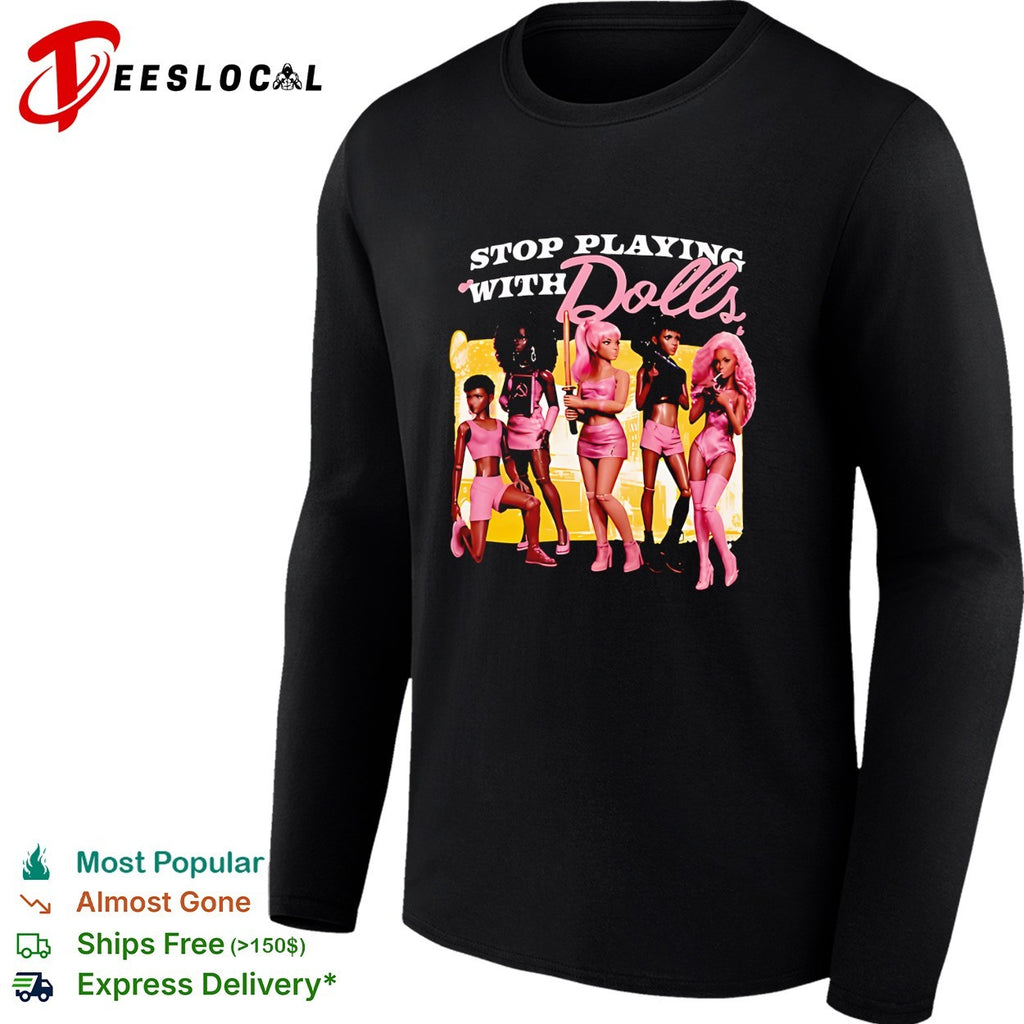 Stop playing with dolls pink silhouette figures illustration graphic shirt