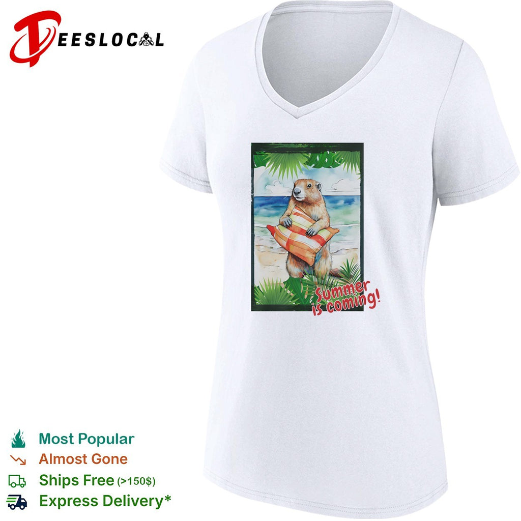 Summer is coming Groundhog beach vacation sunset palm tree leaves watercolor shirt