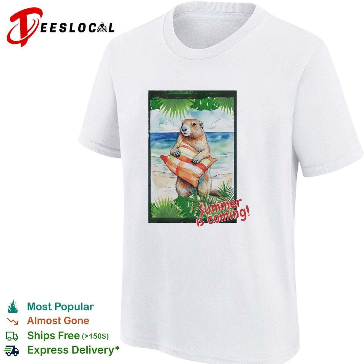 Summer is coming Groundhog beach vacation sunset palm tree leaves watercolor shirt