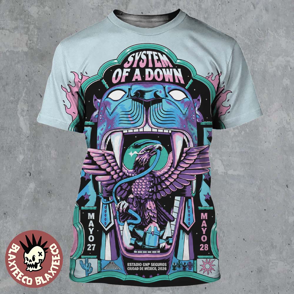 System Of A Down CDMX Mexico 2026 Poster De Jonas Santos At Estadio GNP Seguros On 27 And 28 May 2026 Eagle Inside Panther Mouth All Over Print Shirt