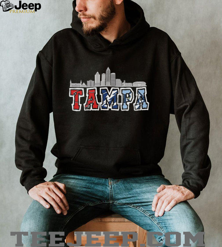 Tampa Bay Skyline Sports Logo Mashup T Shirt Red Blue Light Blue Team Pride