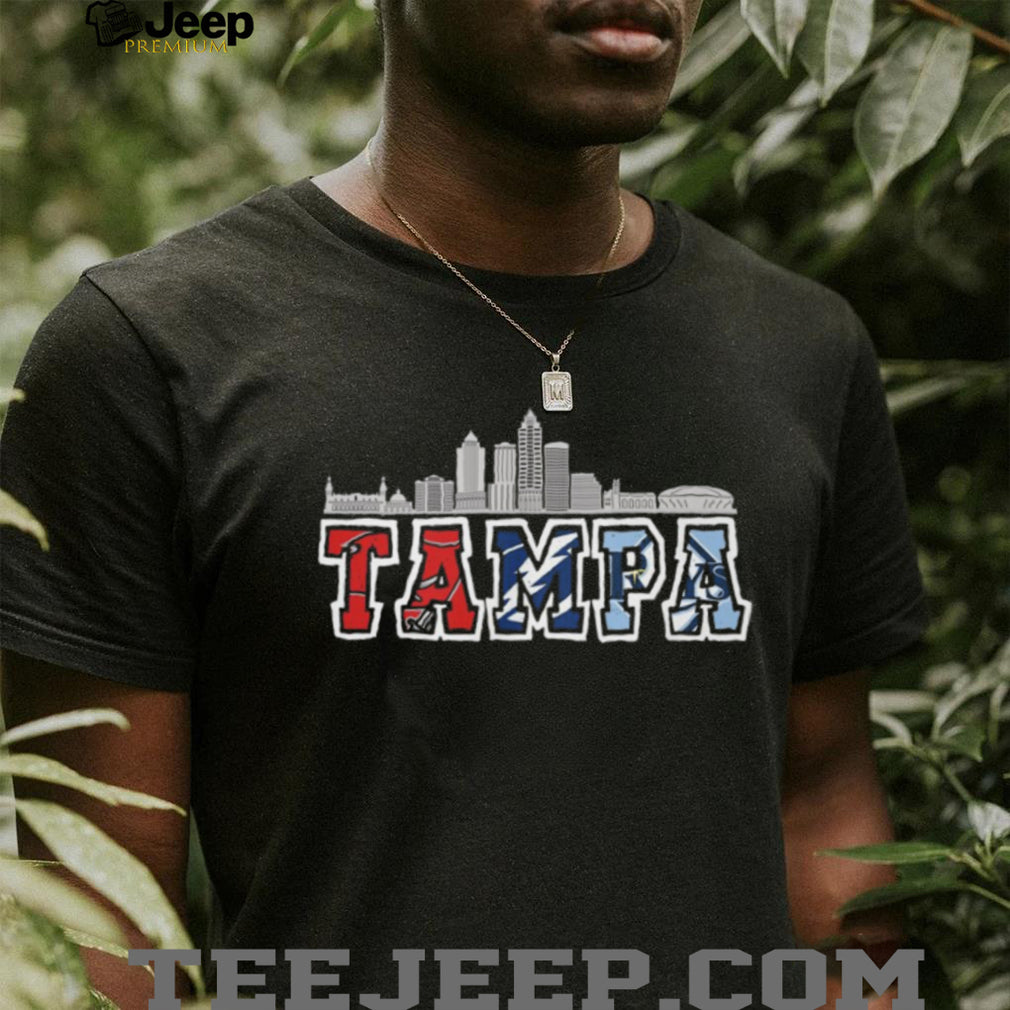 Tampa Bay Skyline Sports Logo Mashup T Shirt Red Blue Light Blue Team Pride