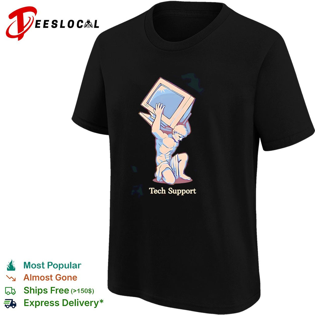 Tech Support Atlas Greek mythology figure carrying computer monitor parody art shirt