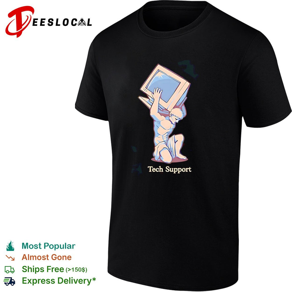 Tech Support Atlas Greek mythology figure carrying computer monitor parody art shirt