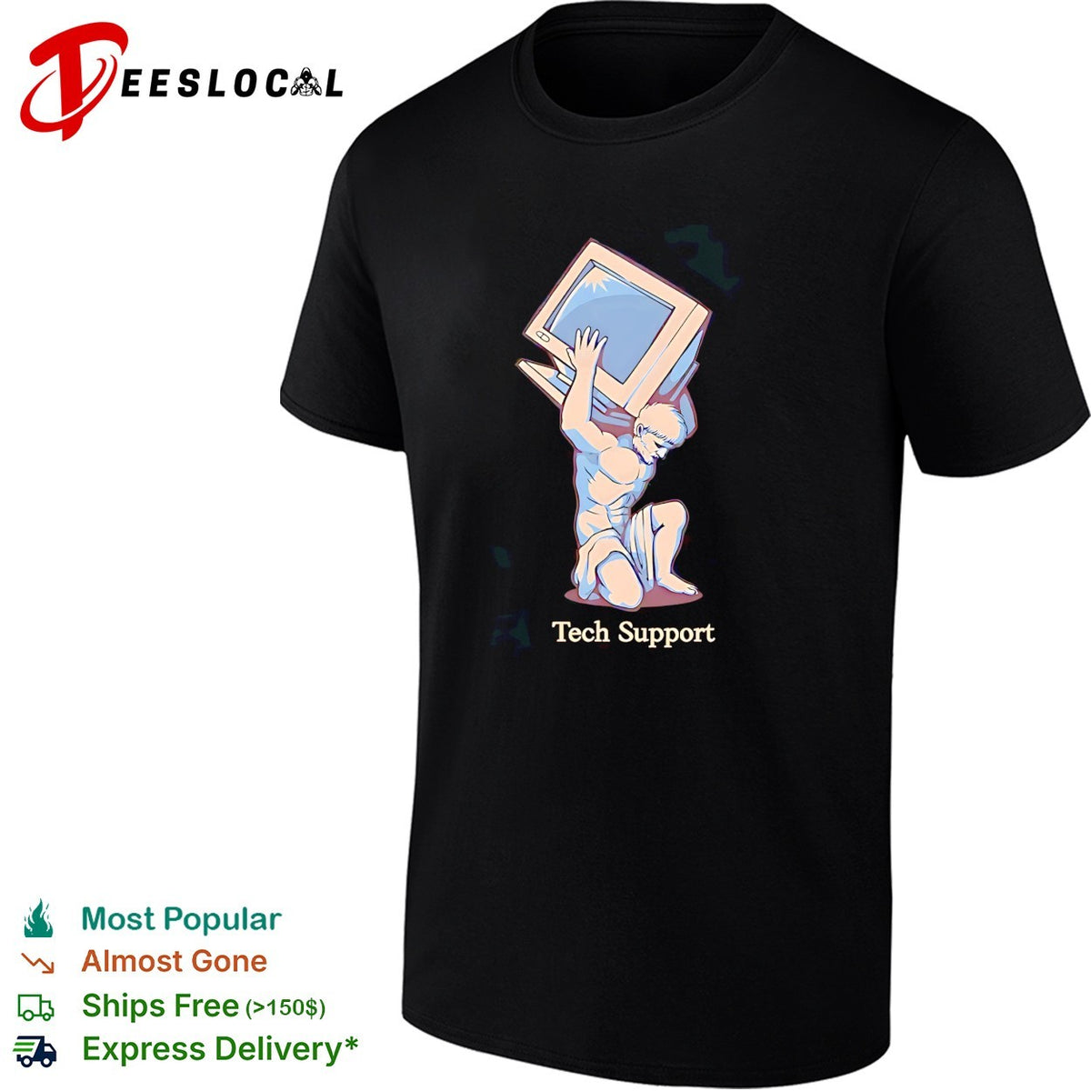 Tech Support Atlas Greek mythology figure carrying computer monitor parody art shirt