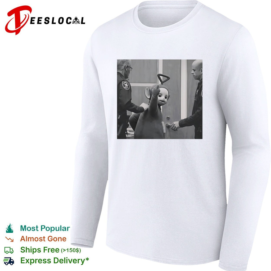 Teletubby character being arrested by two officers humorous photo parody shirt