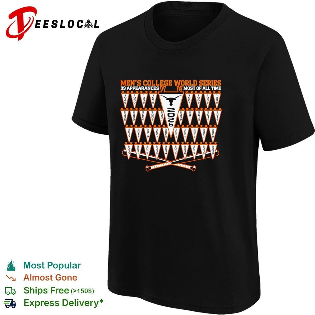 Texas Longhorns 39 Appearances Men’s College World Series Most of All Time shirt