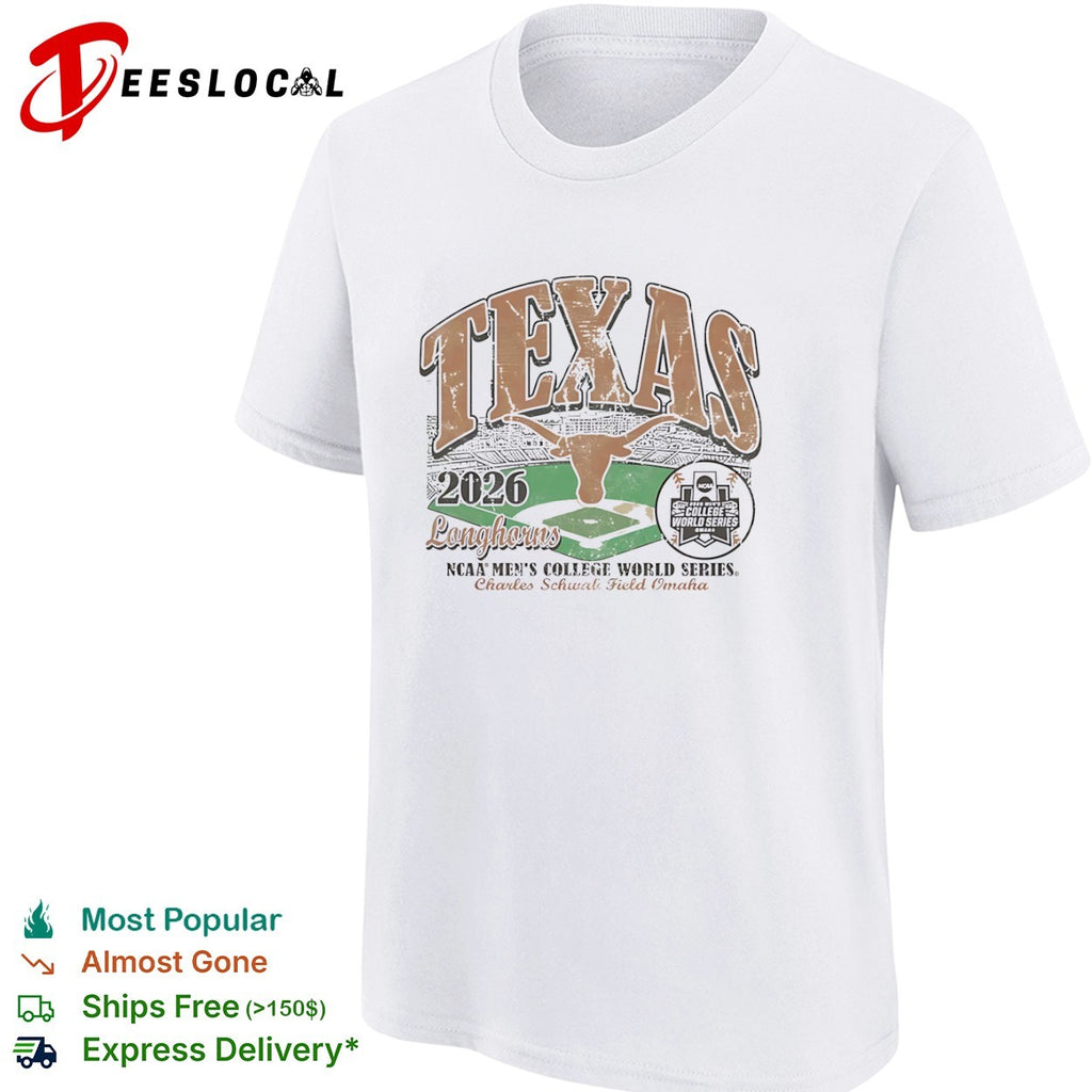 Texas Longhorns NCAA mens College World Series steer head 2026 Charles Schwab Field Omaha shirt