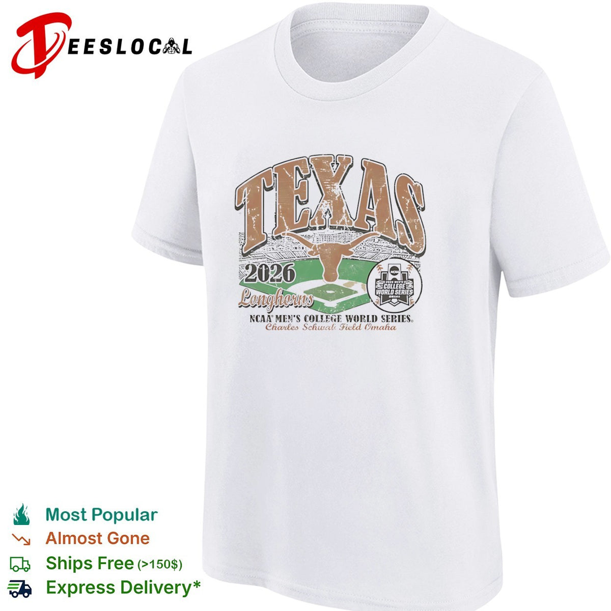 Texas Longhorns NCAA mens College World Series steer head 2026 Charles Schwab Field Omaha shirt