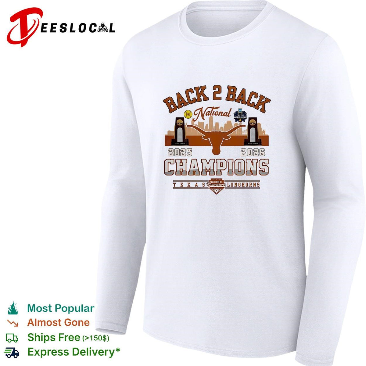 Texas Longhorns back to back national champions badge skyline shirt