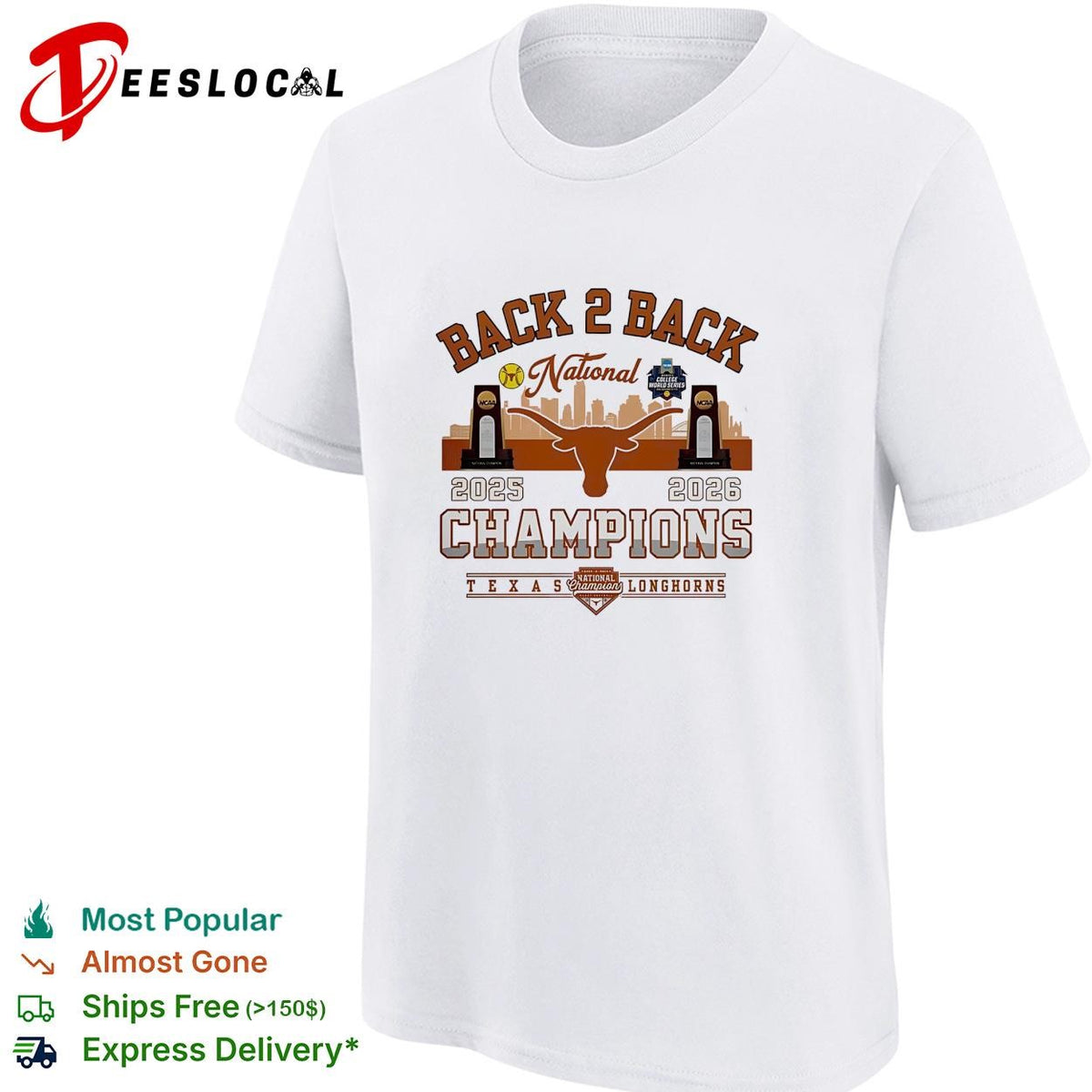 Texas Longhorns back to back national champions badge skyline shirt