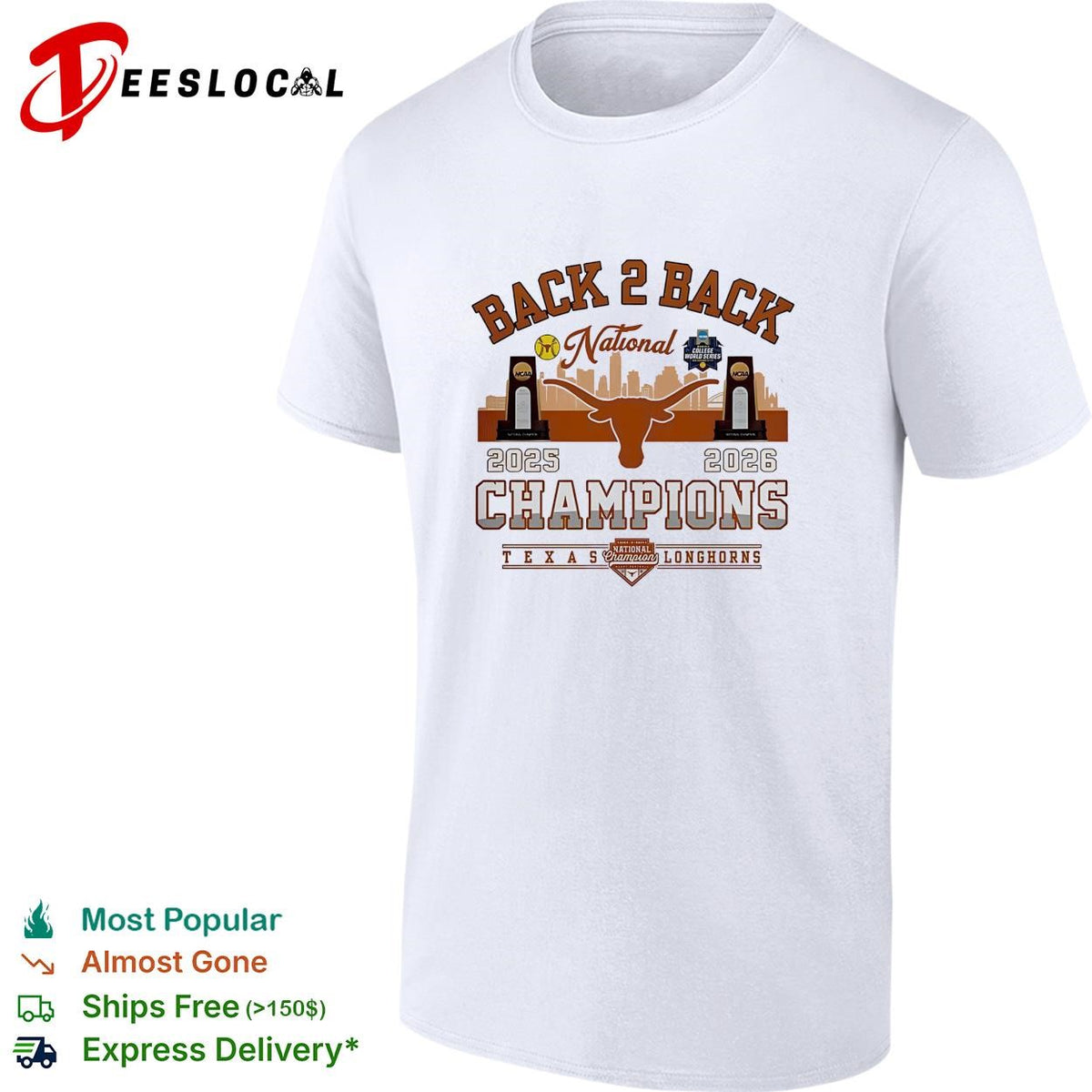 Texas Longhorns back to back national champions badge skyline shirt