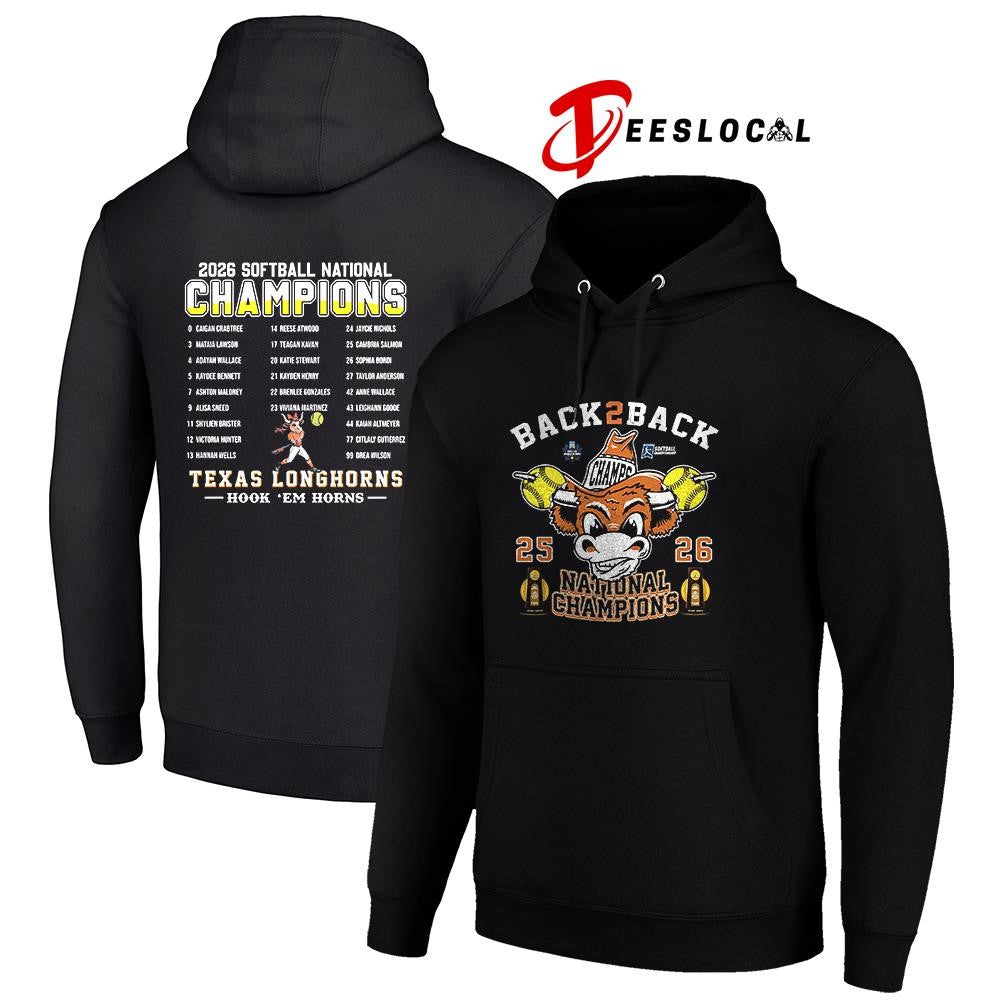 Texas Longhorns softball back 2 back National champions hook ’em horns name roster graphic shirt