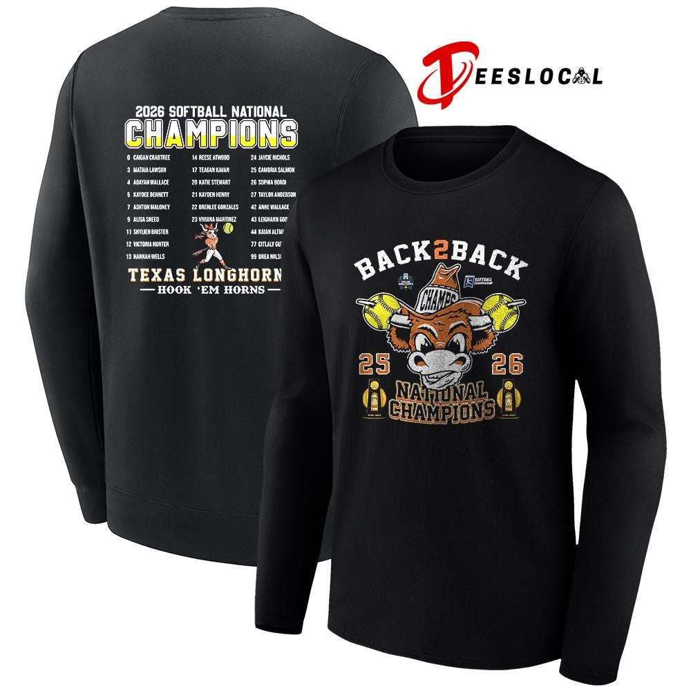 Texas Longhorns softball back 2 back National champions hook ’em horns name roster graphic shirt