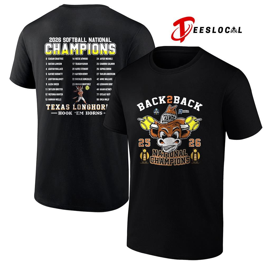 Texas Longhorns softball back 2 back National champions hook ’em horns name roster graphic shirt