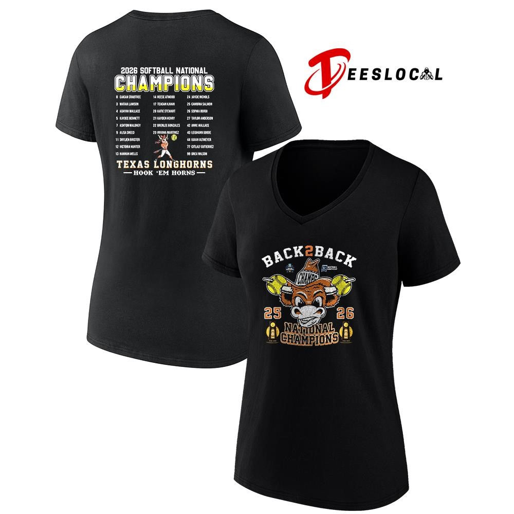 Texas Longhorns softball back 2 back National champions hook ’em horns name roster graphic shirt