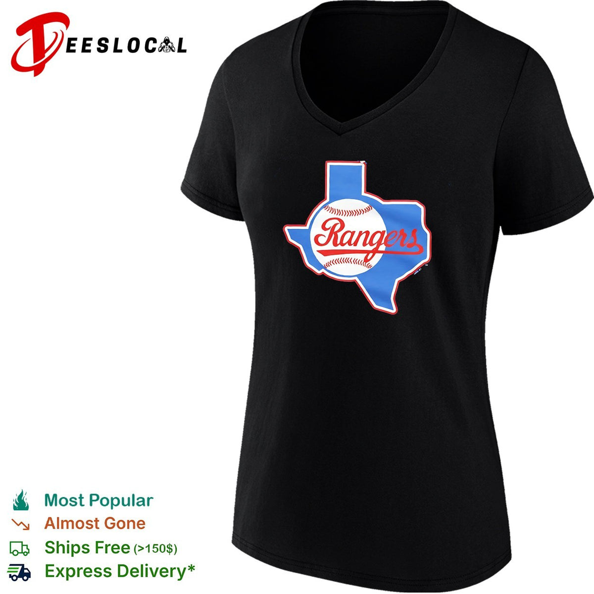 Texas Rangers Texas state outline baseball cursive script logo shirt